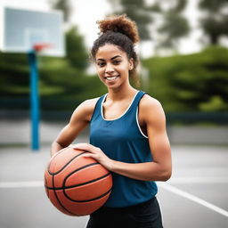 A young woman who is attractive and athletic, playing basketball on an outdoor court