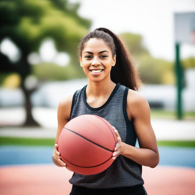 A young woman who is attractive and athletic, playing basketball on an outdoor court