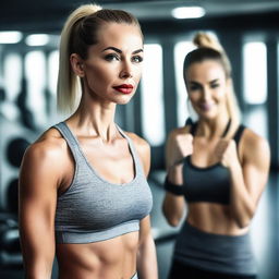 Create an image of attractive women with striking lips working out in a gym