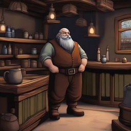 A dwarven barkeeper stands behind the counter of his rustic tavern, looking desperate