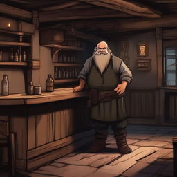 A dwarven barkeeper stands behind the counter of his rustic tavern, looking desperate