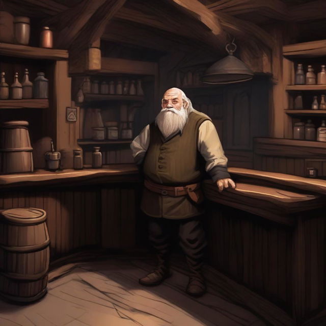 A dwarven barkeeper stands behind the counter of his rustic tavern, looking desperate