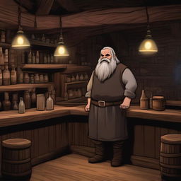 A dwarven barkeeper stands behind the counter of his rustic tavern, looking desperate