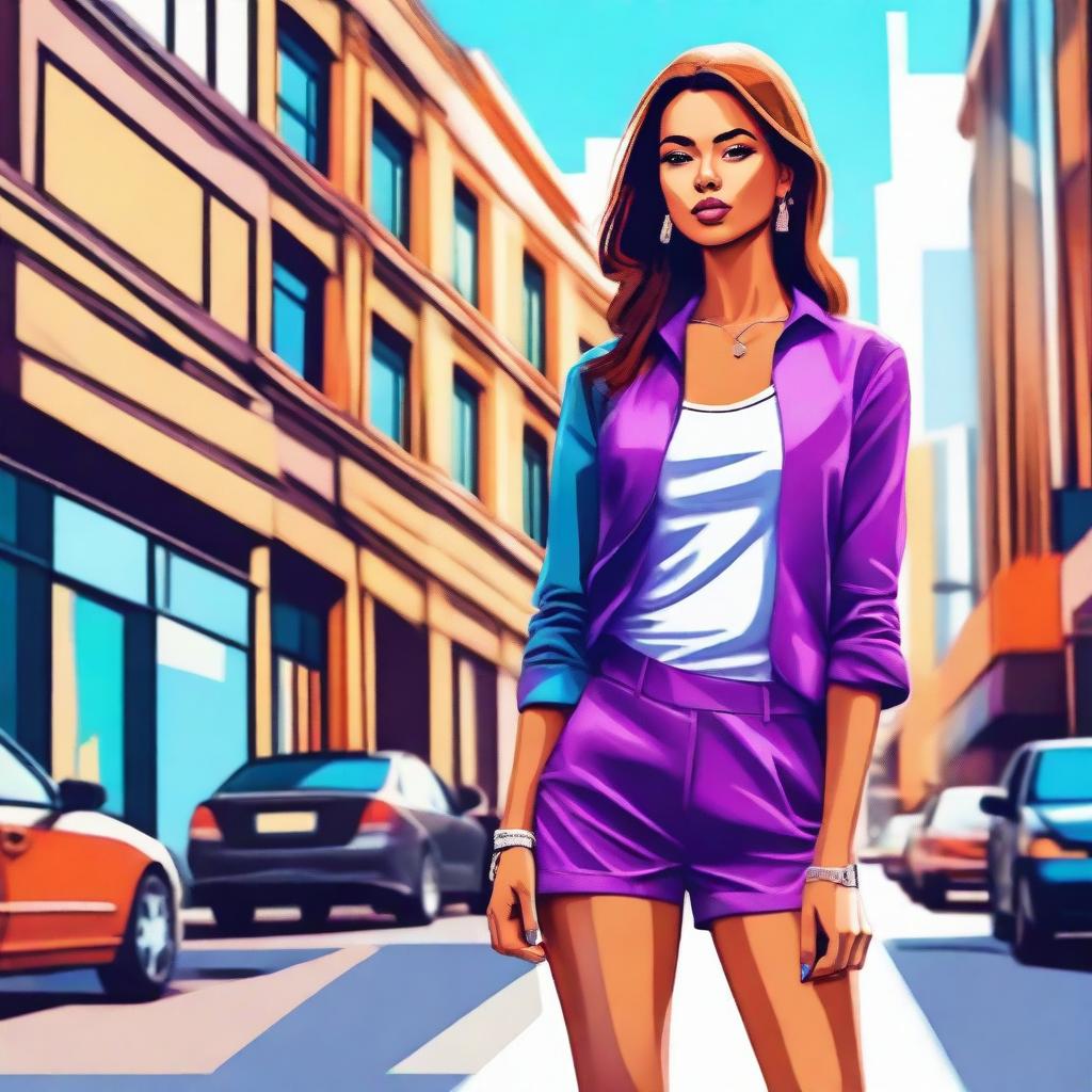 A stylized image of a girl with a slim and attractive physique, wearing fashionable clothes, standing confidently in a modern urban setting