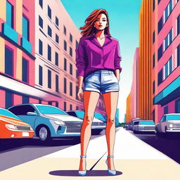 A stylized image of a girl with a slim and attractive physique, wearing fashionable clothes, standing confidently in a modern urban setting