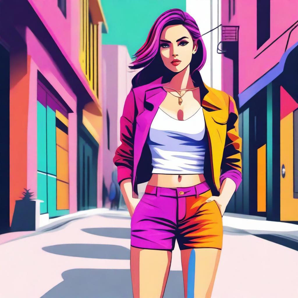 A stylized image of a girl with a slim and attractive physique, wearing fashionable clothes, standing confidently in a modern urban setting