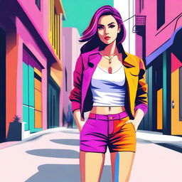 A stylized image of a girl with a slim and attractive physique, wearing fashionable clothes, standing confidently in a modern urban setting