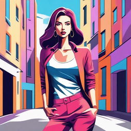 A stylized image of a girl with a slim and attractive physique, wearing fashionable clothes, standing confidently in a modern urban setting