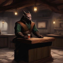 A dragonborn barkeeper stands behind the counter of his rustic tavern, looking desperate