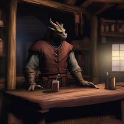 A dragonborn barkeeper stands behind the counter of his rustic tavern, looking desperate