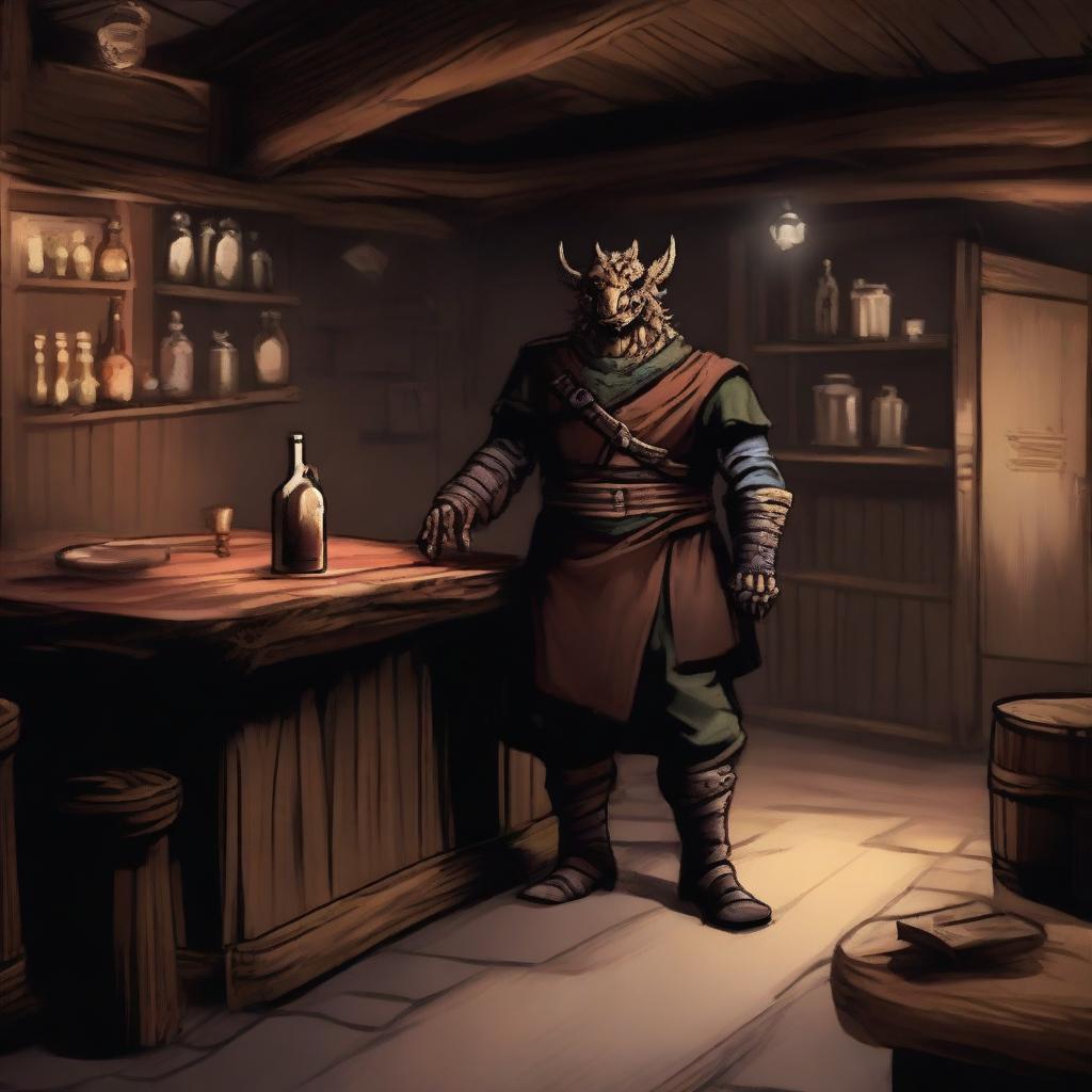 A dragonborn barkeeper stands behind the counter of his rustic tavern, looking desperate