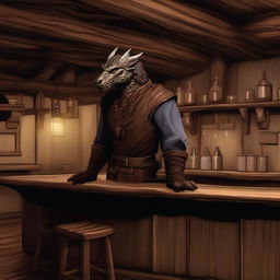 A dragonborn barkeeper stands behind the counter of his rustic tavern, looking desperate