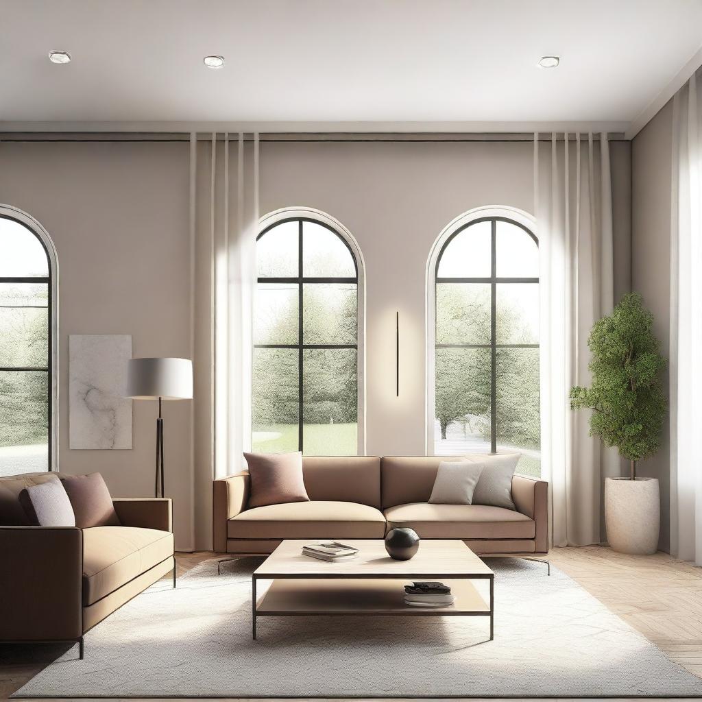 A detailed interior design rendering showcasing a modern living room with stylish furniture, cozy lighting, and elegant decor