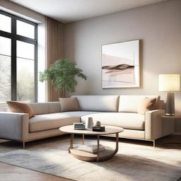 A detailed interior design rendering showcasing a modern living room with stylish furniture, cozy lighting, and elegant decor