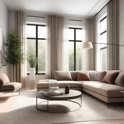 A detailed interior design rendering showcasing a modern living room with stylish furniture, cozy lighting, and elegant decor