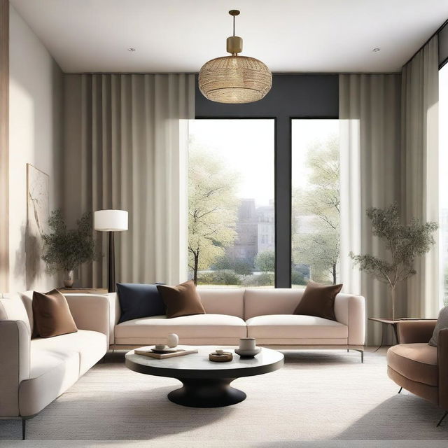 A detailed interior design rendering showcasing a modern living room with stylish furniture, cozy lighting, and elegant decor