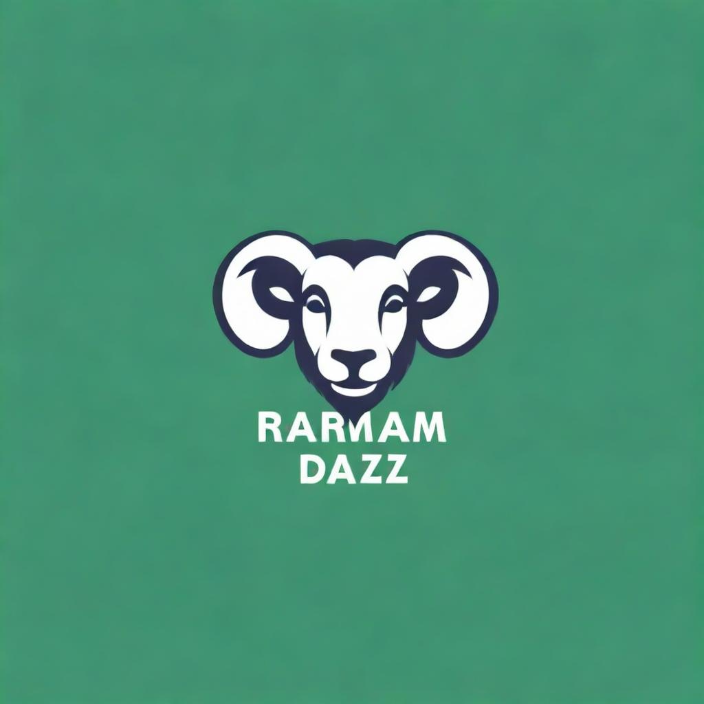 Design a logo featuring the text 'Ram Daz' on a forest green background. Include a catchy slogan: 'Keep Calm and Play'. Add an elegant face with a substantial, friendly moustache as a distinctive feature of the logo.