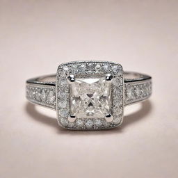 A silver engagement ring covered in shimmering diamonds. The ring features a prominent square setting, also studded with diamonds. Engraved on it are the initials R-J.