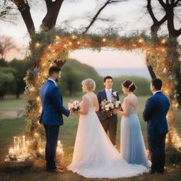 Create a romantic wedding scene set during sunset with fairy lights