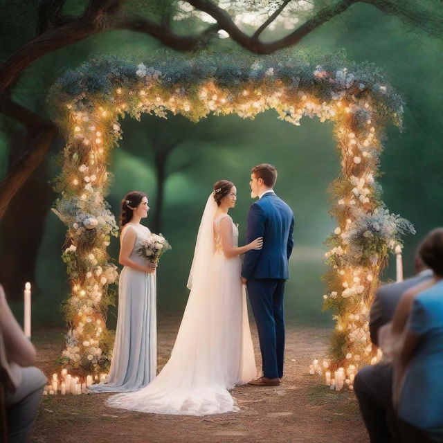 Create a romantic wedding scene set during sunset with fairy lights