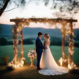 Create a romantic wedding scene set during sunset with fairy lights