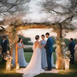 Create a romantic wedding scene set during sunset with fairy lights