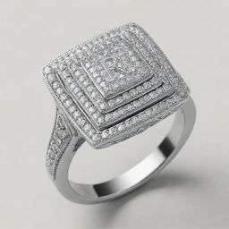 A silver engagement ring covered in shimmering diamonds. The ring features a prominent square setting, also studded with diamonds. Engraved on it are the initials R-J.