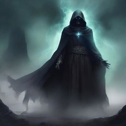 A spectral undead lord clad in a cloak of ashes and deathly aura