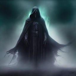 A spectral undead lord clad in a cloak of ashes and deathly aura