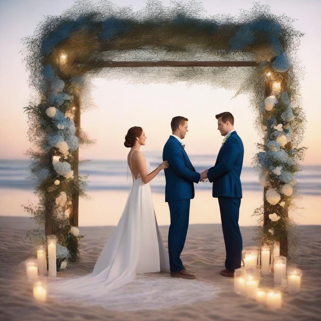 Create a high-detail, photo-realistic romantic wedding ceremony scene set during sunset on the beach, with fairy lights