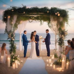 Create a high-detail, photo-realistic romantic wedding ceremony scene set during sunset on the beach, with fairy lights