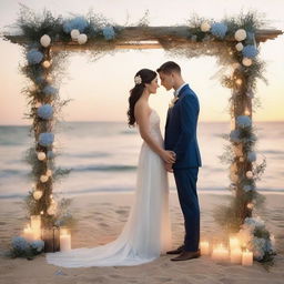 Create a high-detail, photo-realistic romantic wedding ceremony scene set during sunset on the beach, with fairy lights