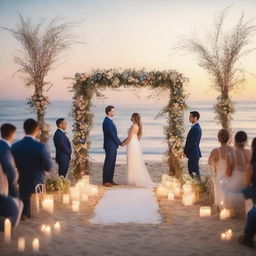 Create a high-detail, photo-realistic romantic wedding ceremony scene set during sunset on the beach, with fairy lights