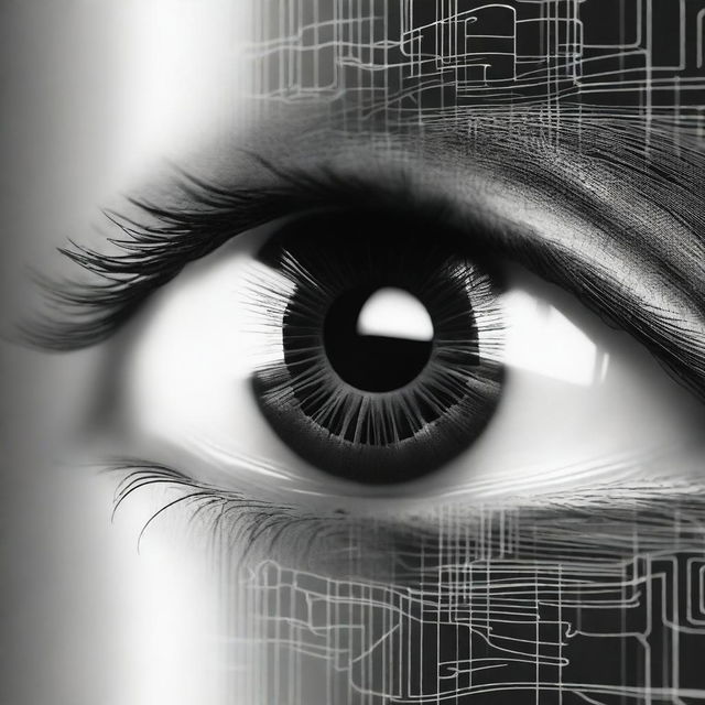 A black and white book cover featuring a close-up of a human eye with digital elements, symbolizing artificial intelligence