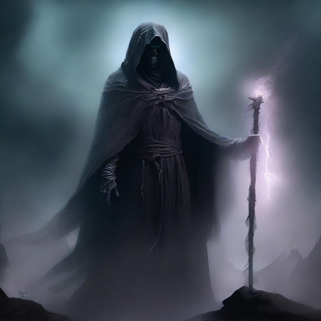 A spectral undead lord, holding a powerful staff, clad in a cloak of ashes and deathly aura