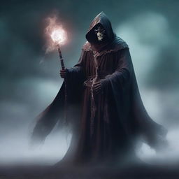 A spectral undead lord, holding a powerful staff, clad in a cloak of ashes and deathly aura