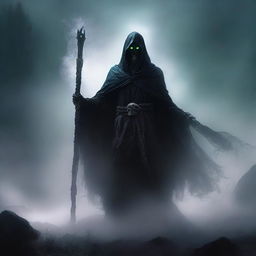 A spectral undead lord, holding a powerful staff, clad in a cloak of ashes and deathly aura