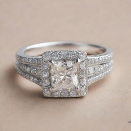 A silver engagement ring covered in shimmering diamonds. The ring features a prominent square setting, also studded with diamonds. Engraved on it are the initials R-J.