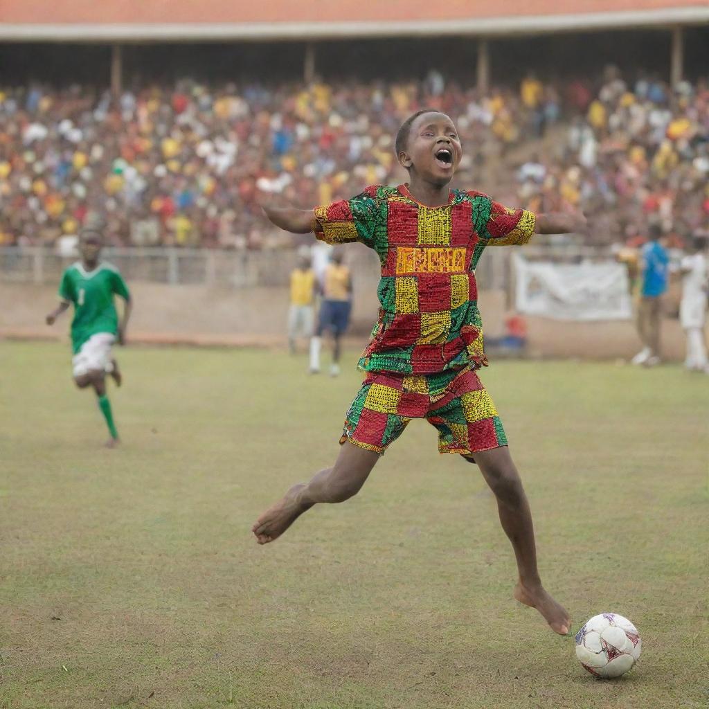 A 9-year-old Ghanaian boy, dressed in colorful traditional clothes, energetically leaping to make an outstanding save in a vibrant game of football. The background is a bustling football field with other excited children playing.