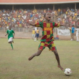 A 9-year-old Ghanaian boy, dressed in colorful traditional clothes, energetically leaping to make an outstanding save in a vibrant game of football. The background is a bustling football field with other excited children playing.