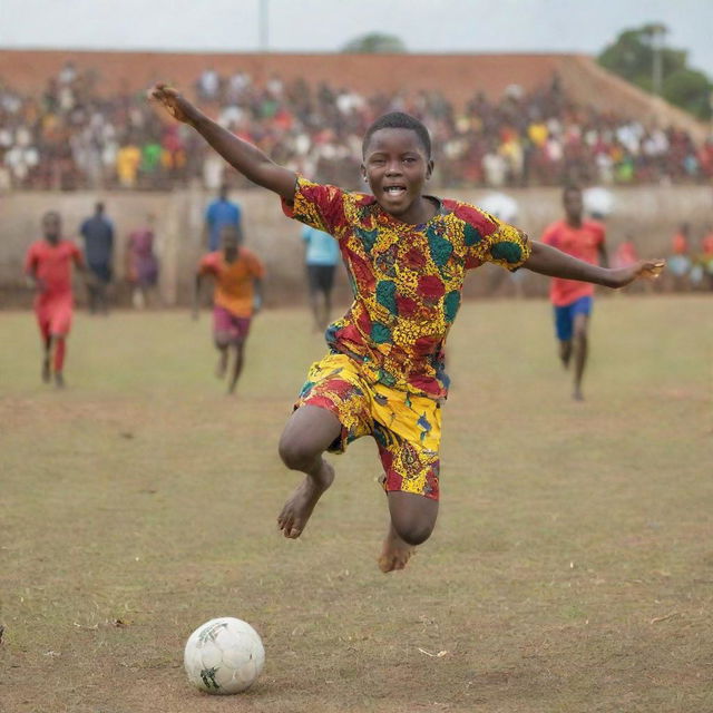 A 9-year-old Ghanaian boy, dressed in colorful traditional clothes, energetically leaping to make an outstanding save in a vibrant game of football. The background is a bustling football field with other excited children playing.