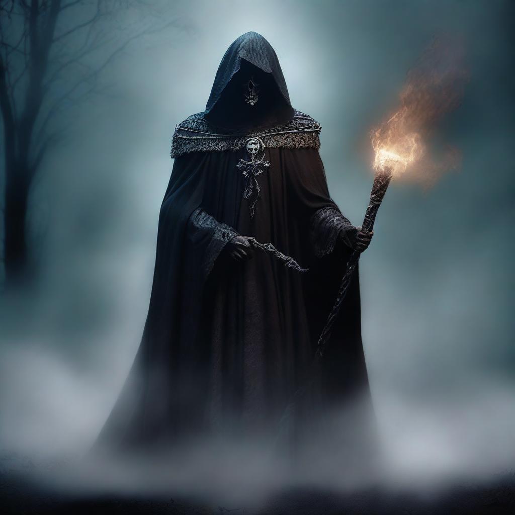 A cunning and scheming undead lord, holding a powerful staff, clad in a cloak of ashes and deathly aura