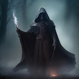 A cunning and scheming undead lord, holding a powerful staff, clad in a cloak of ashes and deathly aura