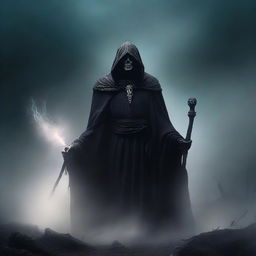 A cunning and scheming undead lord, holding a powerful staff, clad in a cloak of ashes and deathly aura