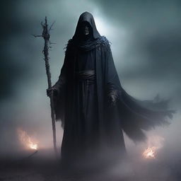 A cunning and scheming undead lord, holding a powerful staff, clad in a cloak of ashes and deathly aura