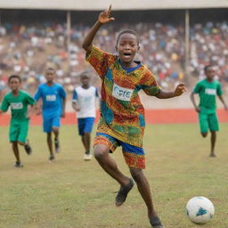 A 9-year-old Ghanaian boy, dressed in colorful traditional clothes, energetically leaping to make an outstanding save in a vibrant game of football. The background is a bustling football field with other excited children playing.