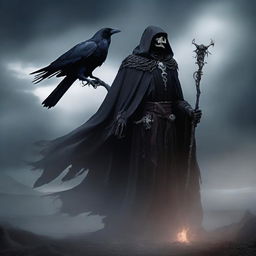 A cunning and scheming undead lord, holding a powerful staff, clad in a cloak of ashes and deathly aura