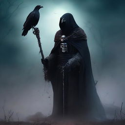 A cunning and scheming undead lord, holding a powerful staff, clad in a cloak of ashes and deathly aura