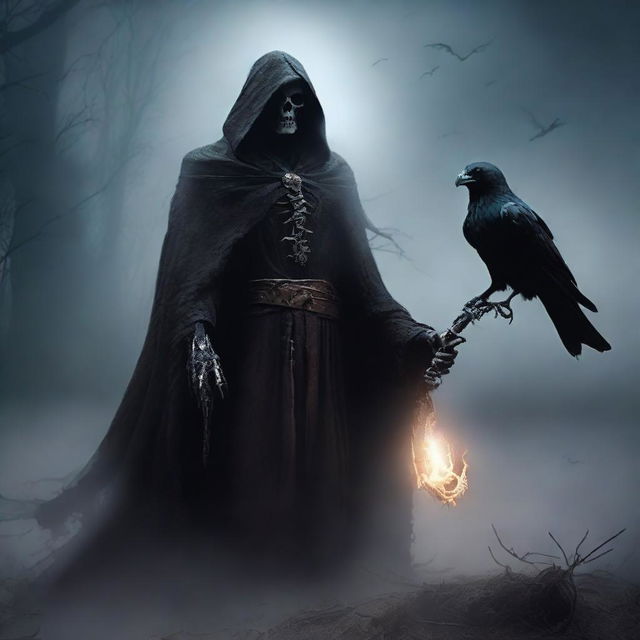 A cunning and scheming undead lord, holding a powerful staff, clad in a cloak of ashes and deathly aura