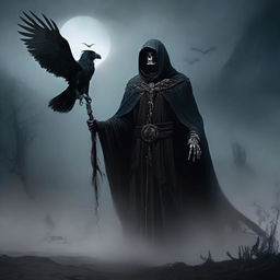 A cunning and scheming undead lord, holding a powerful staff, clad in a cloak of ashes and deathly aura